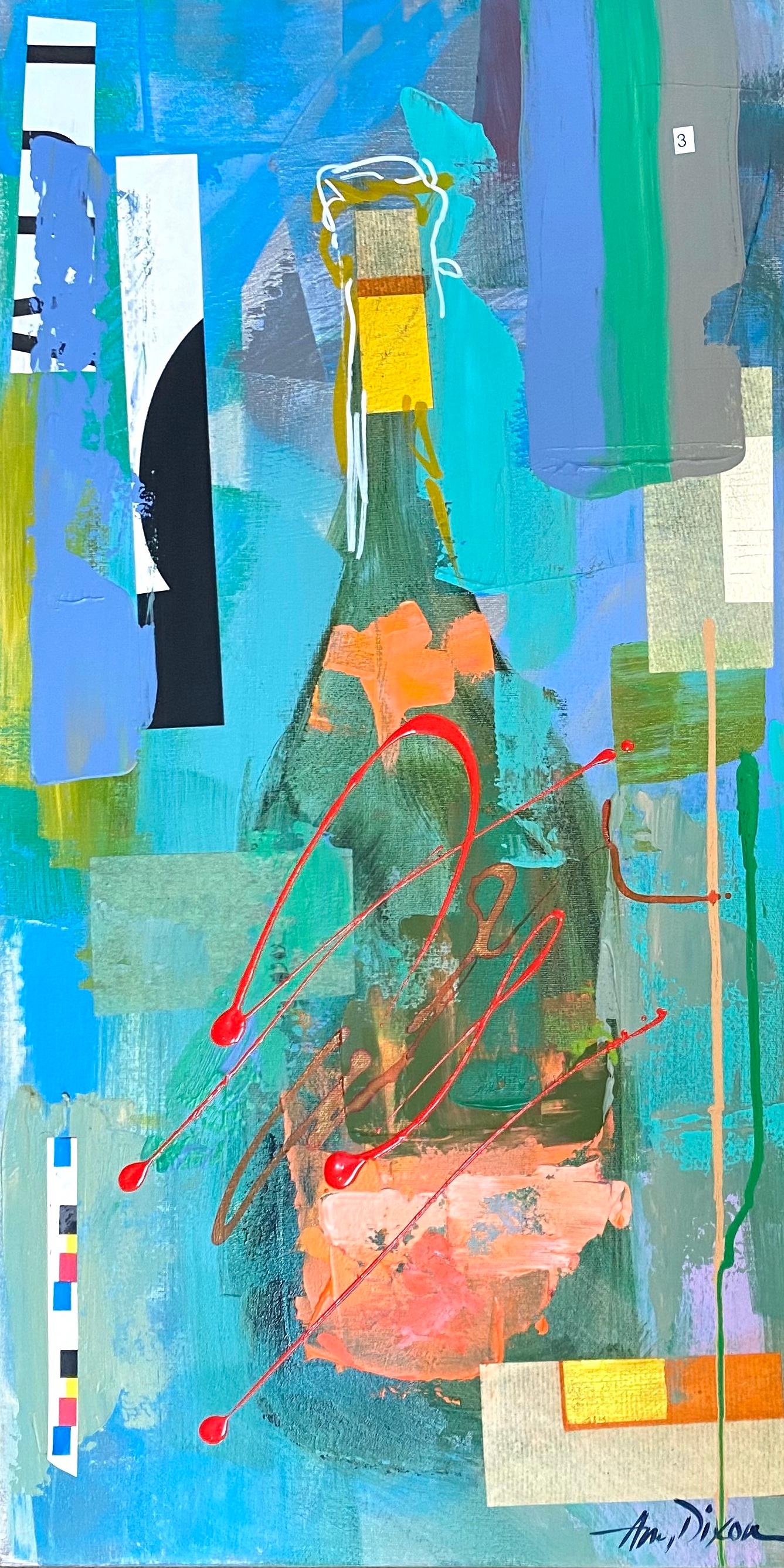 'Veuve Art Collage' is a large abstracted acrylic on canvas painting of square format, created by American artist Amy Dixon in 2021. Featuring a vibrant palette made of a variety of colors such as purple, green, turquoise, red, pink and orange among