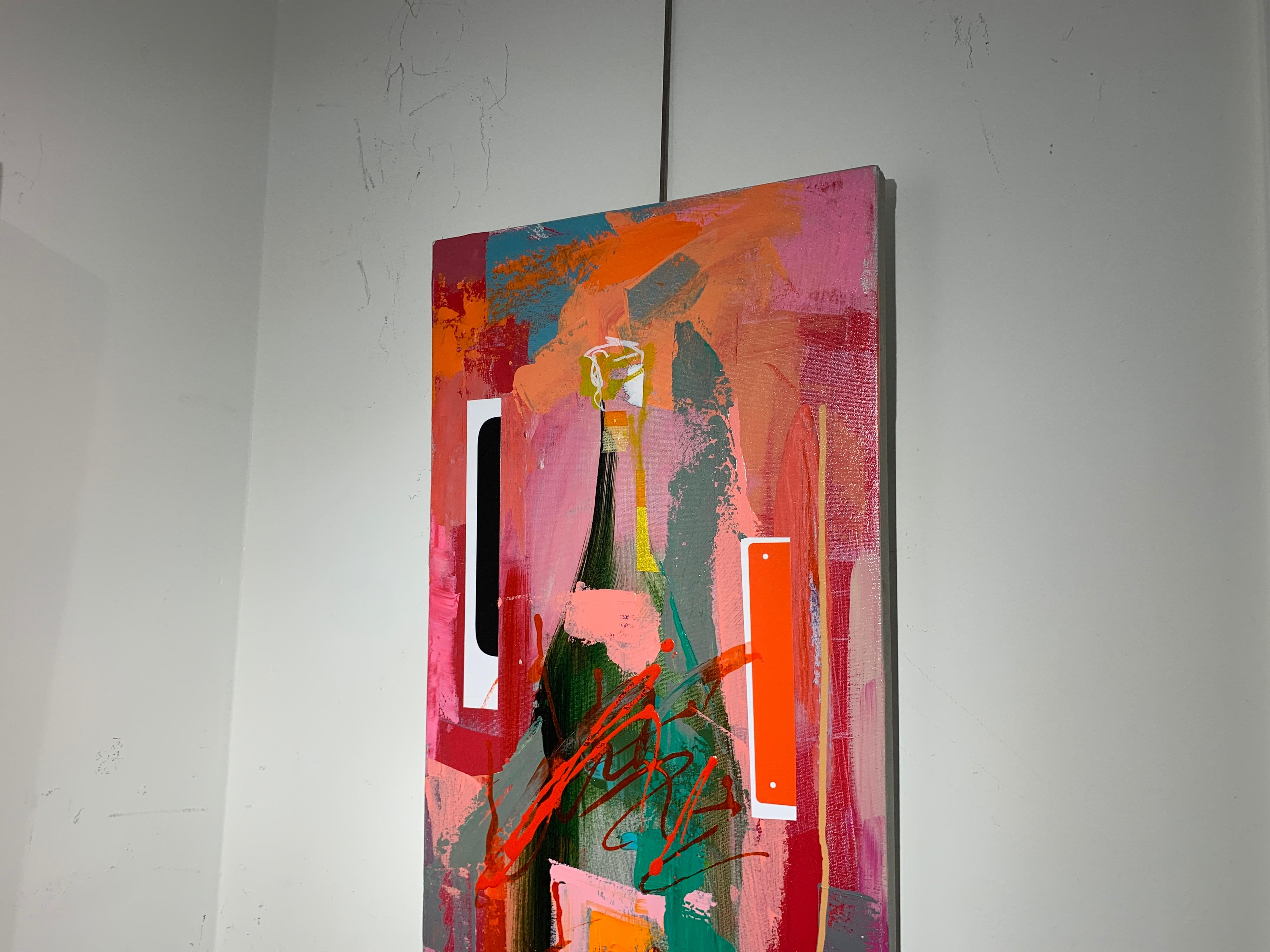 Veuve Pink Dance Collage by Amy Dixon, Abstract Still Life Canvas Painting For Sale 1