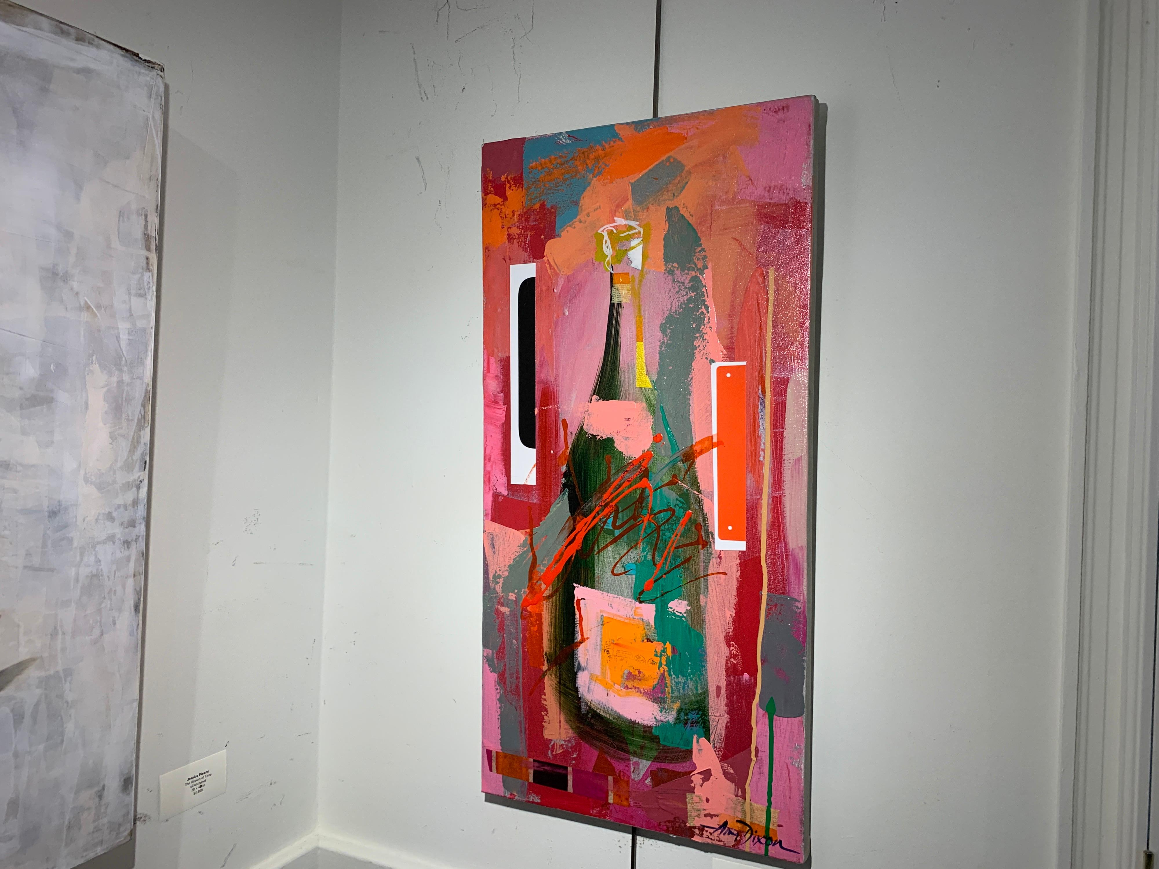 Veuve Pink Dance Collage by Amy Dixon, Abstract Still Life Canvas Painting For Sale 2