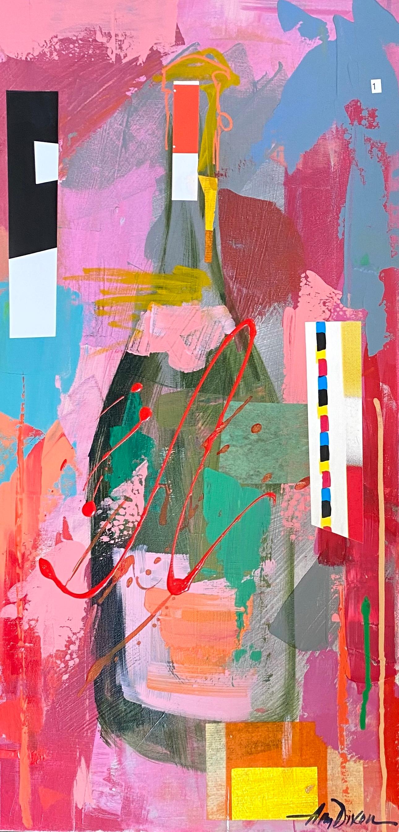 'Veuve Pink Dance Art Collage' is a large abstracted acrylic on canvas painting of square format, created by American artist Amy Dixon in 2021. Featuring a vibrant palette made of a variety of colors such as purple, green, turquoise, red, pink and