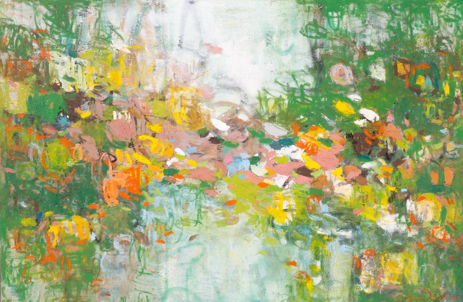 Amy Donaldson Abstract Painting – „Gardens of Glory“:: großes abstraktes grünes:: gelbes und orangefarbenes Ölgemälde