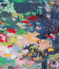 'Purity of Love', large waterlily-like red, blue, colorful abstract oil painting