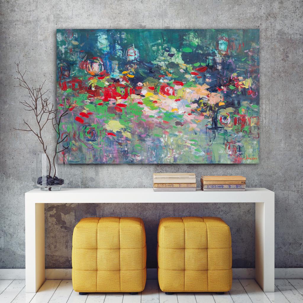 'Purity of Love', large waterlily-like red, blue, colorful abstract oil painting - Gray Landscape Painting by Amy Donaldson