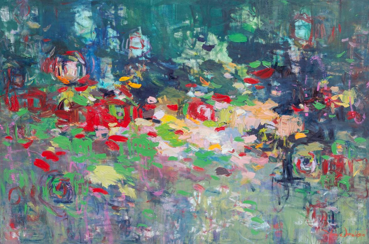 Amy Donaldson Landscape Painting - 'Purity of Love', large waterlily-like red, blue, colorful abstract oil painting