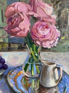 "Dopo cena" natura morta romantica impressionista notturna, rose rosa, Firenze