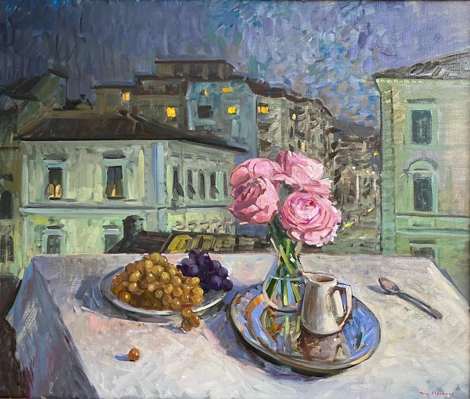 Landscape Painting de Amy Florence - "Después de cenar" bodegón romántico impresionista nocturno, rosas rosas, Florencia