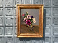 “Anemones and Scissors” impressionist still life, purple wildflowers in glass