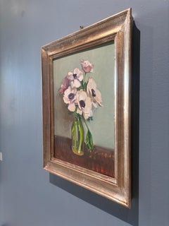 "Anemones" still life, pink flowers in glass vase with blue background