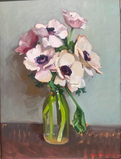 "Anemones" still life, pink flowers in glass vase with blue background