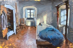 "Bedroom Interior" oil painting of artist's living space, old Tuscan farmhouse