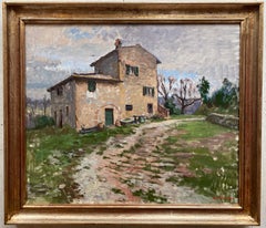 "Ben's House" oil painting of old stone farmhouse in Tuscany w grassy driveway