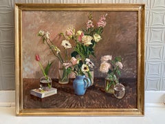 "Blue Jug" contemporary oil painting still life with pink flowers, book, pottery