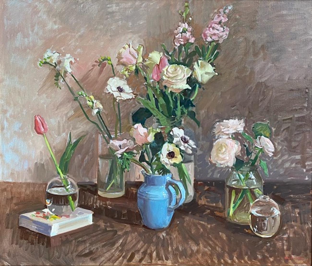 Amy Florence Still-Life Painting - "Blue Jug" contemporary oil painting still life with pink flowers, book, pottery