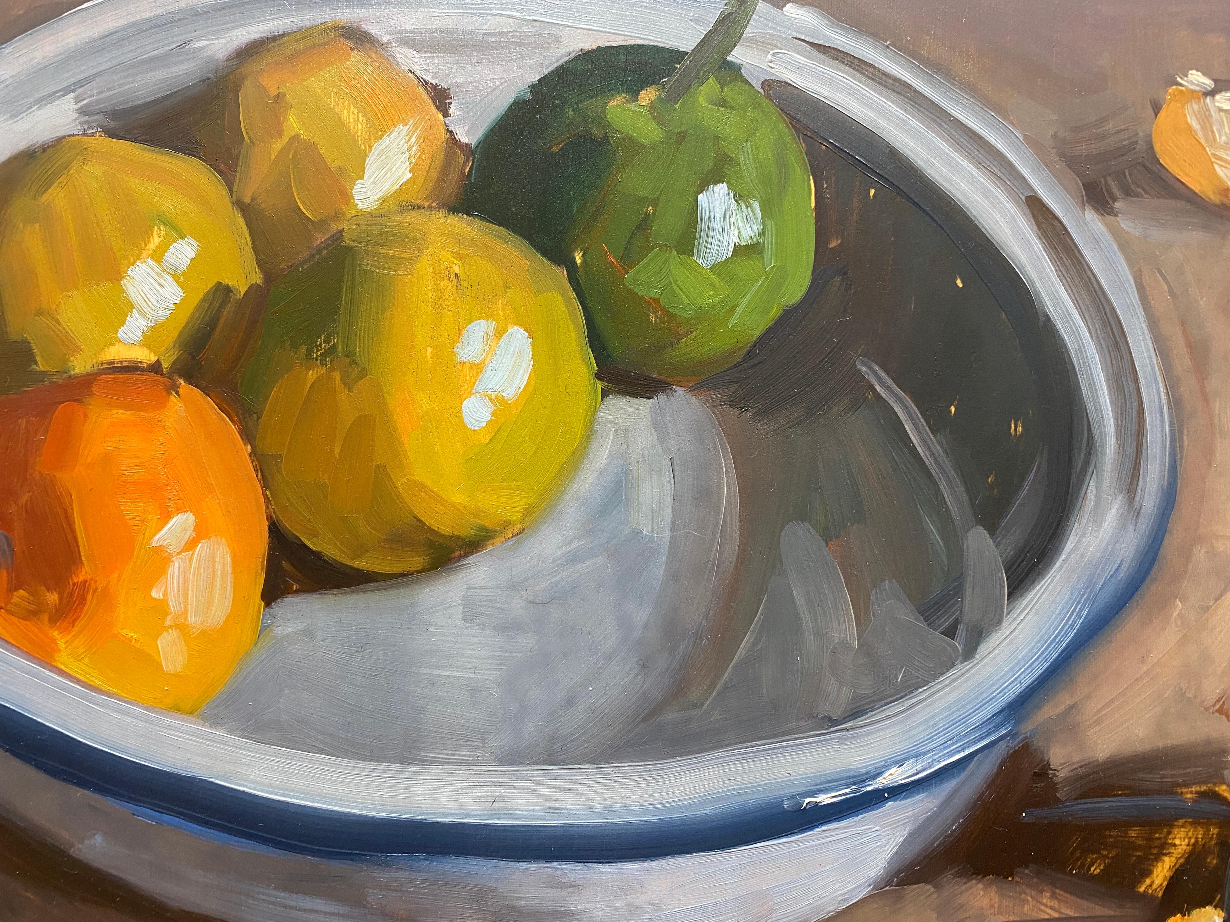 An impressive still life (oil on panel) of vibrant clementines in android white and blue dish.  The attention to detail and the striking ability to find the beautiful within the mundane is characteristic of this artist's work. Clementines are peeled