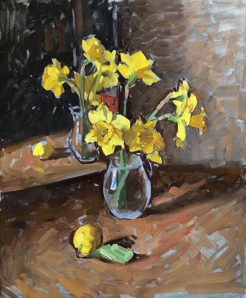 Amy Florence Interior Painting - "Daffodils II" bright yellow impressionist still life with mirror and lemon