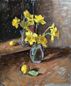 "Narcisi II" dipinto a olio, natura morta di fiori gialli con specchio e limone