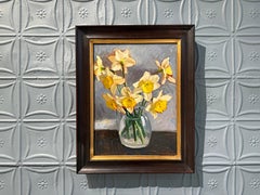 “Daffodils” oil painting, impressionist, still life of yellow flowers in glass