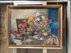 "Dahlias and Zinnias" Still Life Oil Painting, Impressionist Style, 2025, Framed