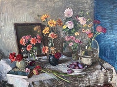 "Dahlias and Zinnias" Still Life Oil Painting, Impressionist Style, 2025, Framed