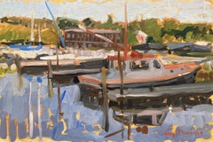 "Docked Boats" Impressionist oil painting of boats at dock