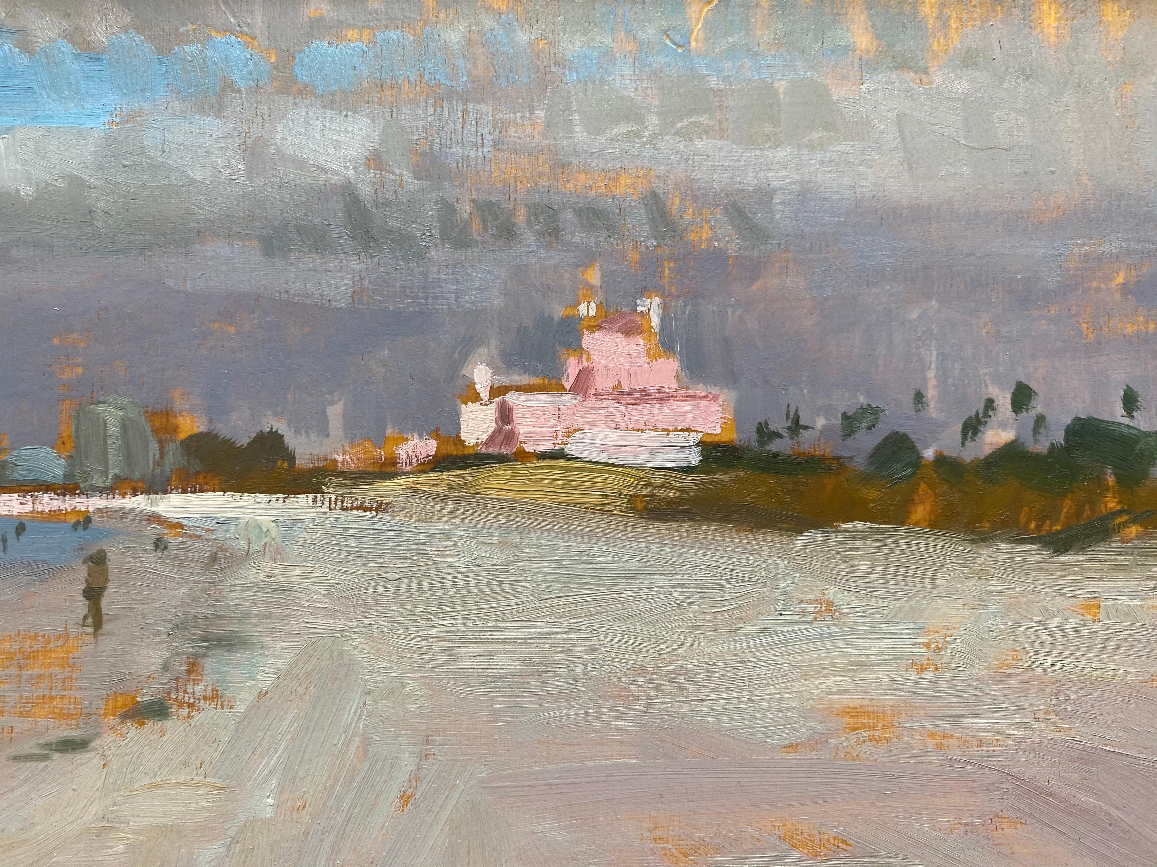 Painted from life in Florida, The Don CeSar is a large pink hotel in St. Pete Beach. Sandy beach meets water as the shoreline takes up the majority of the foreground. Florence's impressionist style creates an almost abstract composition.

Painting