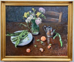 "Fava, Flowers, and Clementines" oil painting impressionistic still life, framed