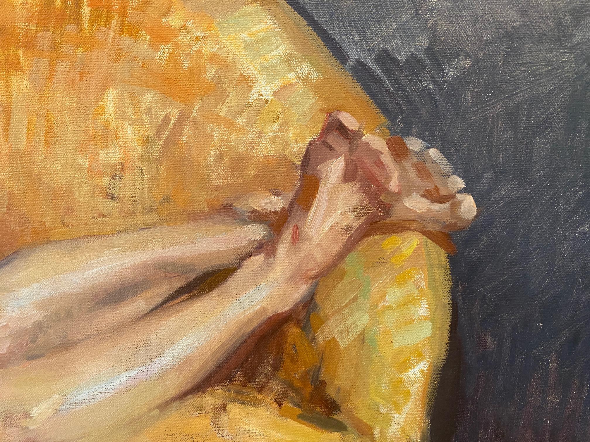 An oil painting of a nude woman, reclining on a bright orange-yellow velvet sofa. A contemporary depiction of a classic subject; the reclining nude. 

Painting dimensions: 25.59 x 39.5 inches
Framed dimensions: 30.5 x 44.5 x 3 inches

Amy Florence