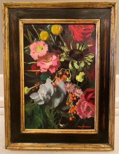 „Flower Composition“, Ölgemälde, Nahaufnahme farbenfroher Blüten vor dunklem Hintergrund