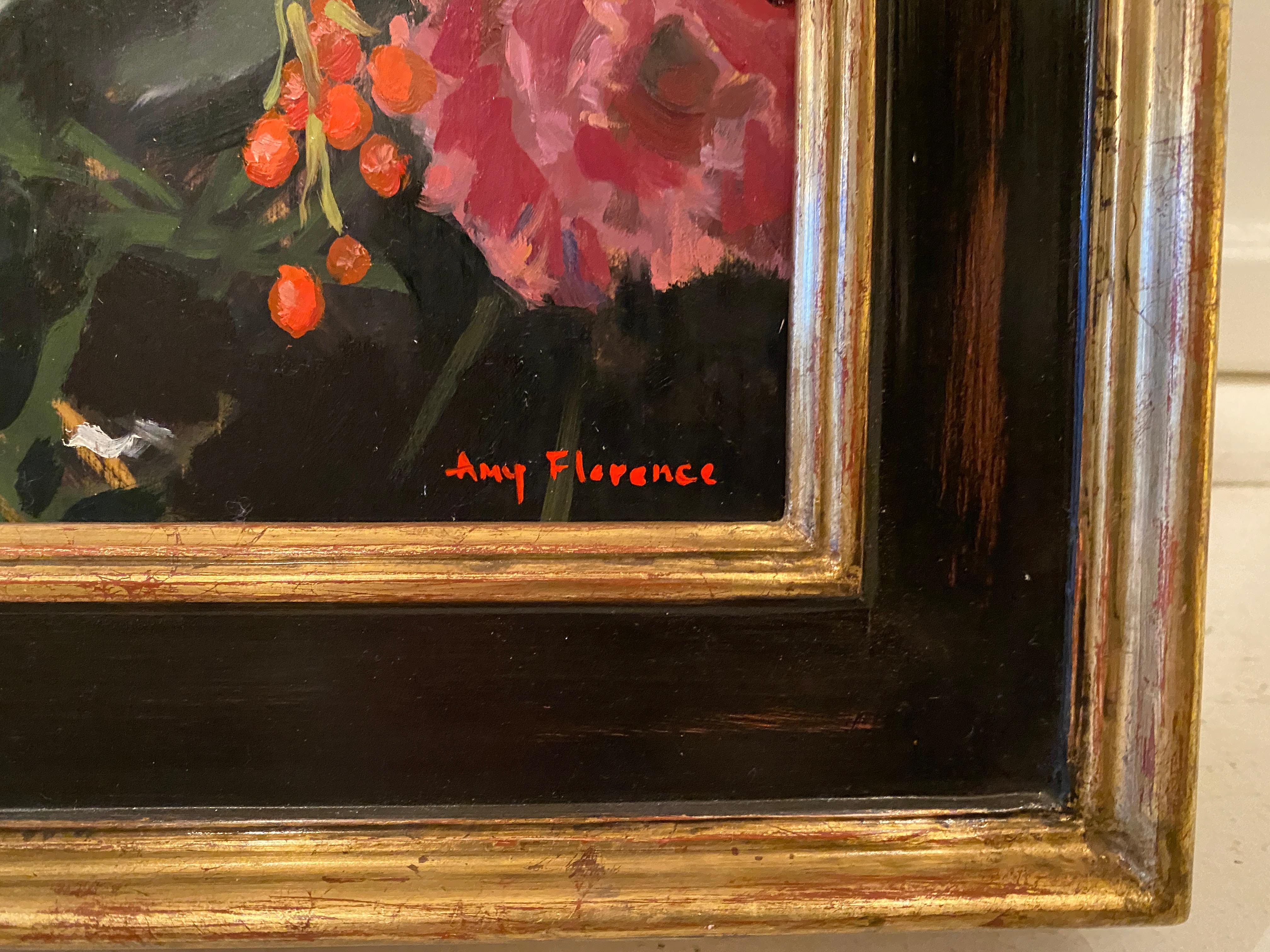 « Flower Composition », peinture à l'huile en gros plan de fleurs colorées sur toile sombre - Impressionnisme Painting par Amy Florence