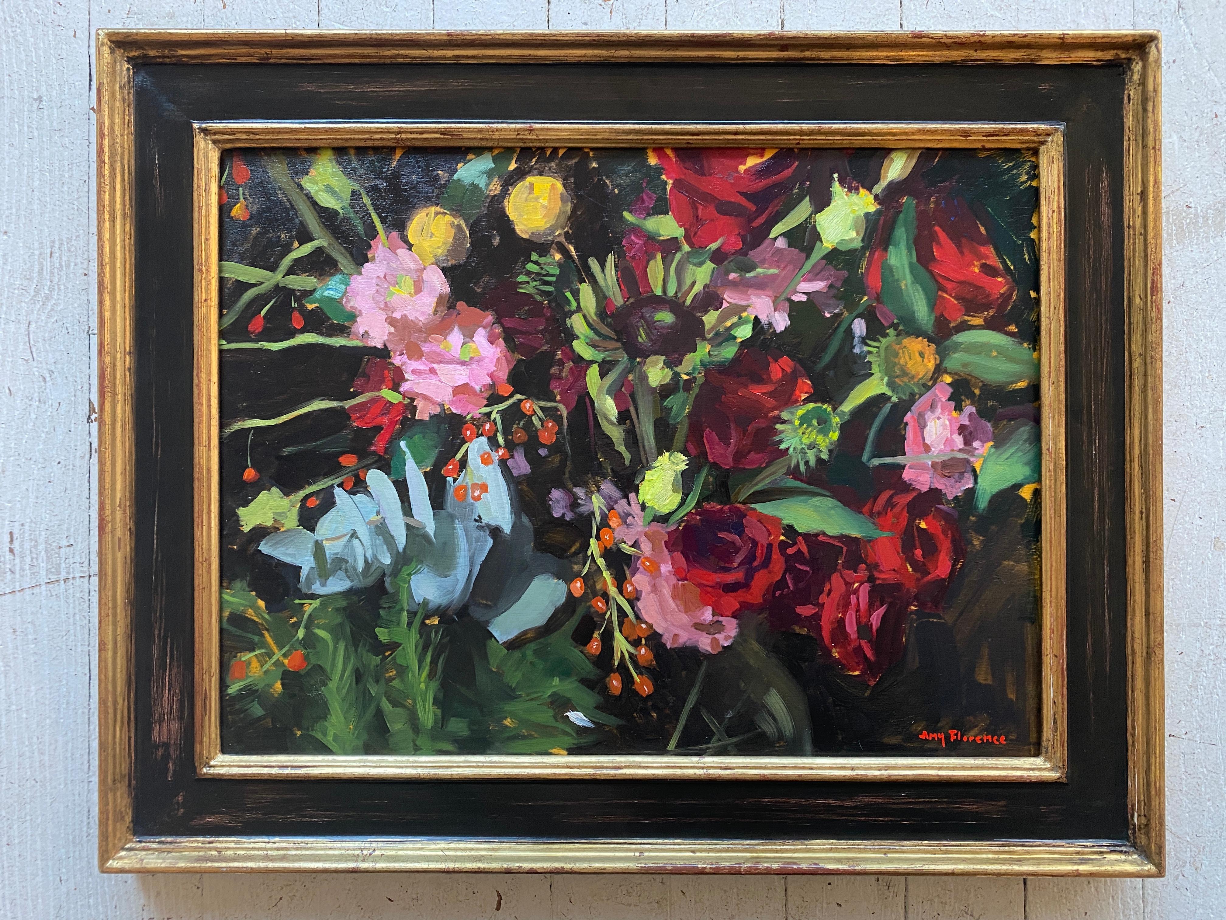 « Grace and Thorn Flowers », une peinture à l'huile de fleurs multicolores qui attire le regard - Painting de Amy Florence