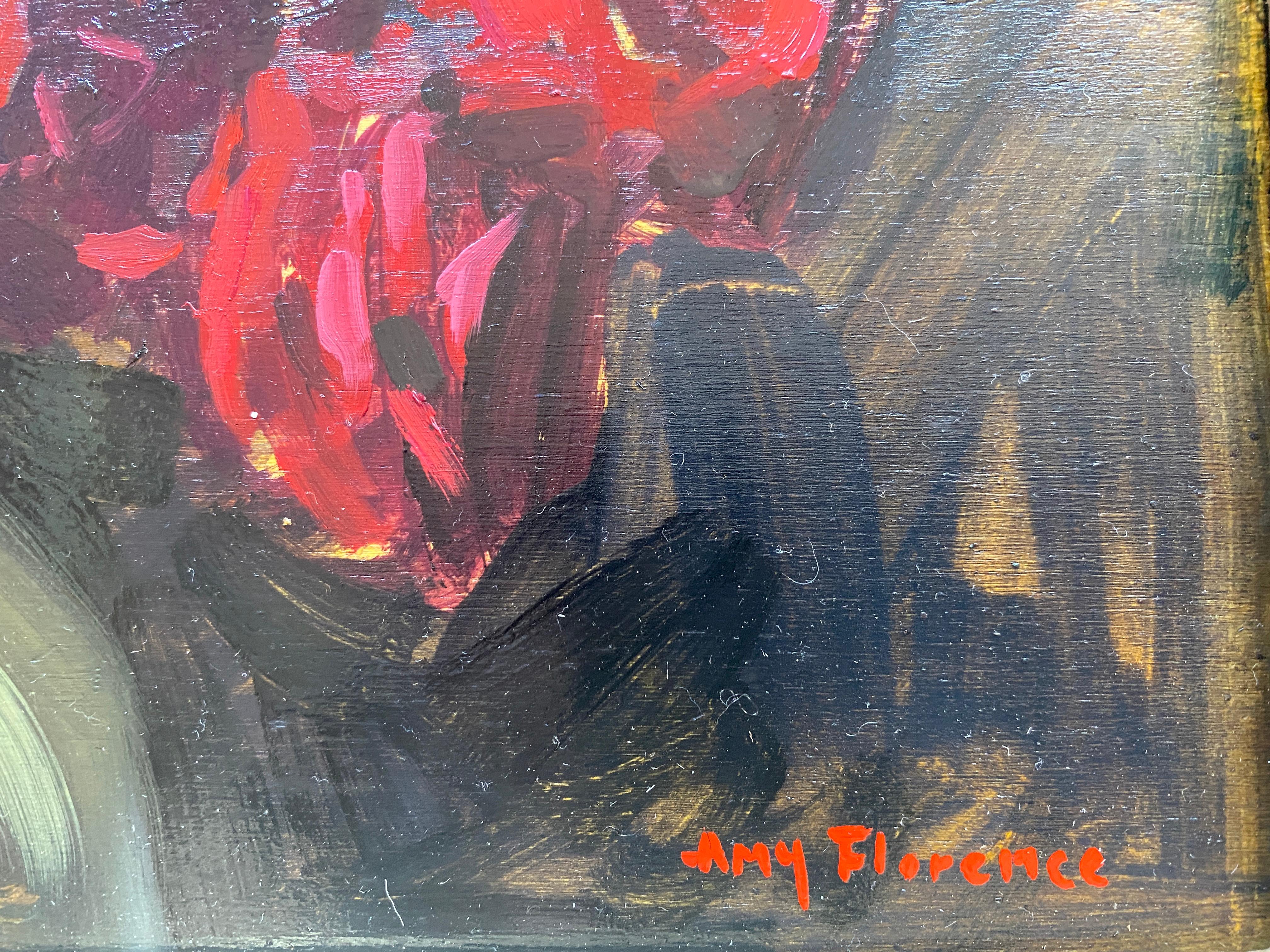 « Grace and Thorn Flowers », une peinture à l'huile de fleurs multicolores qui attire le regard - Noir Interior Painting par Amy Florence