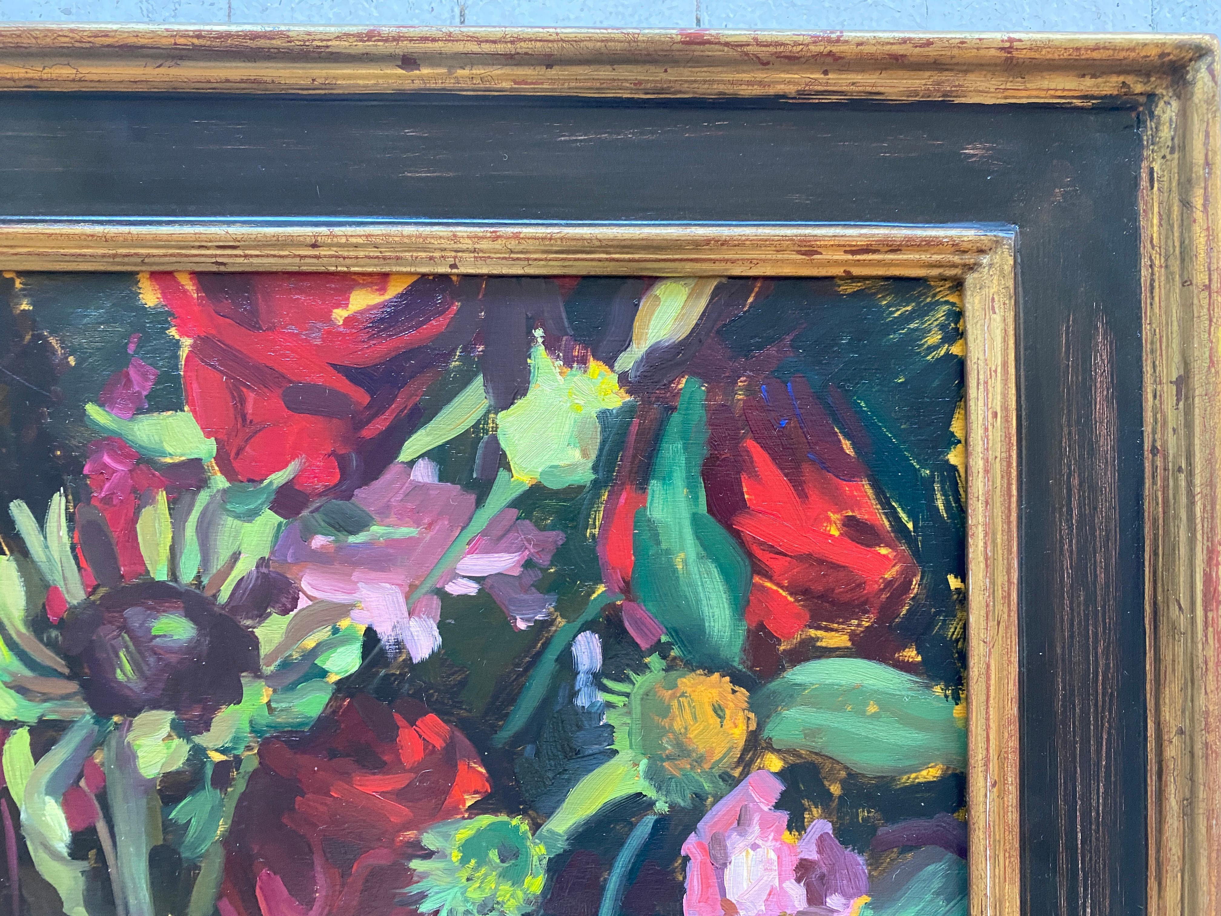 « Grace and Thorn Flowers », une peinture à l'huile de fleurs multicolores qui attire le regard en vente 1