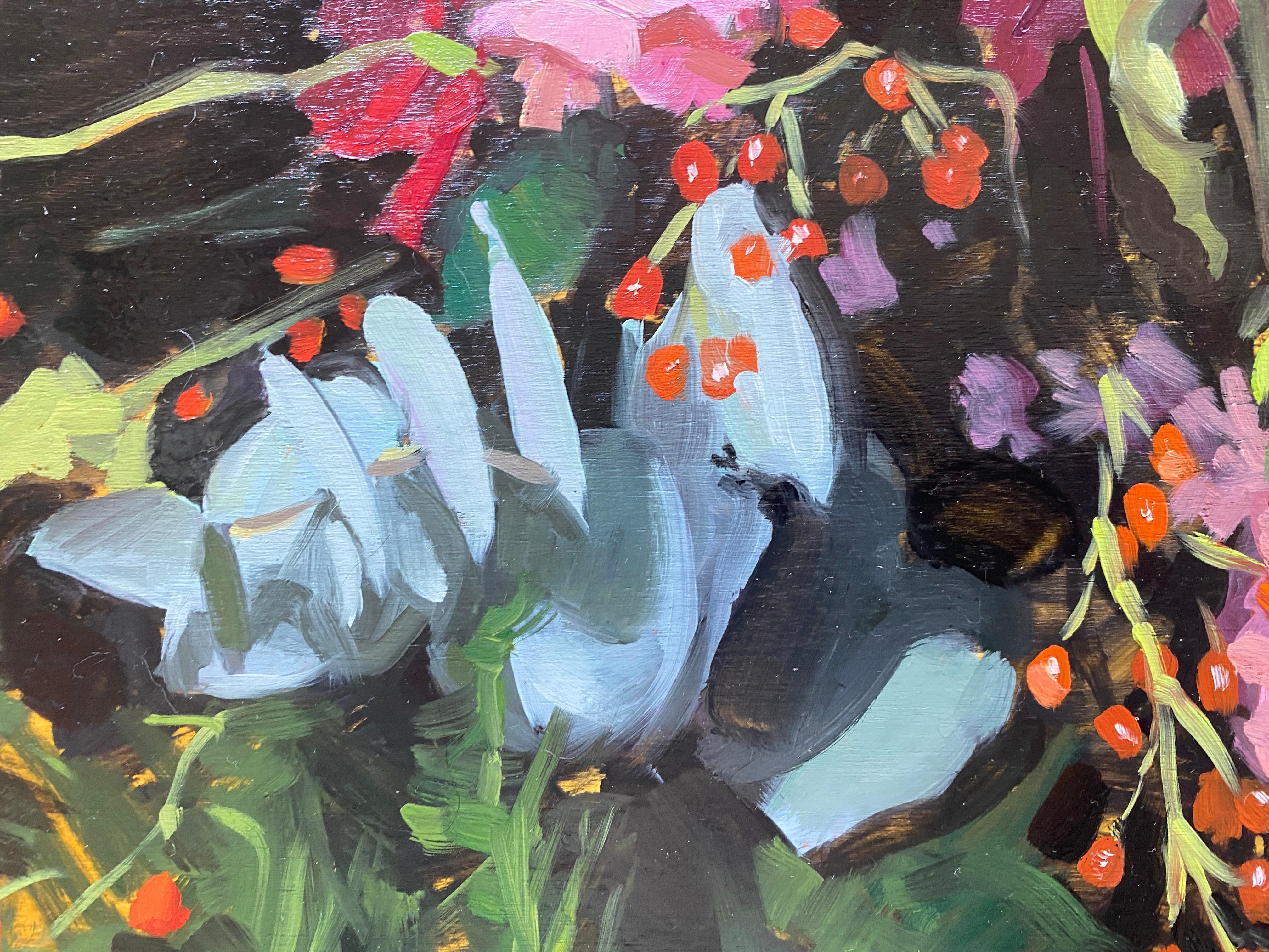 « Grace and Thorn Flowers », une peinture à l'huile de fleurs multicolores qui attire le regard en vente 4