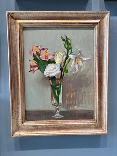 "Lys et gentiane des prairies" peinture à l'huile impressionniste nature morte florale encadrée