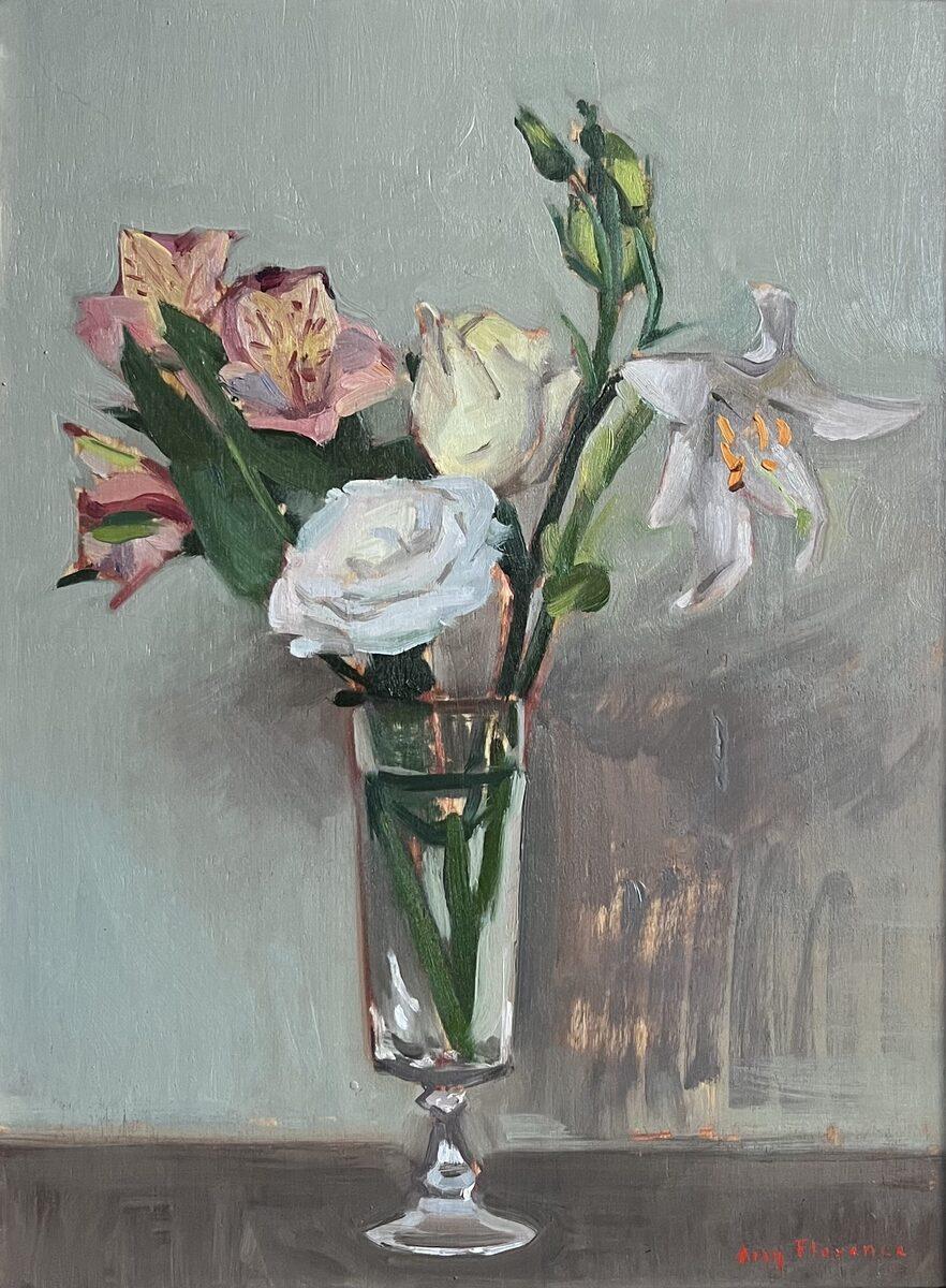 Figurative Painting Amy Florence - “Lilies and Prairie Gentian” impressionist oil painting floral still life framed