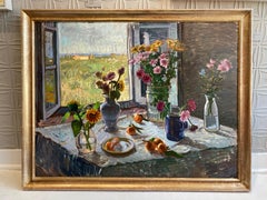 "Looking Towards Bonazza" 2023 oil painting floral still life w Tuscan Landscape