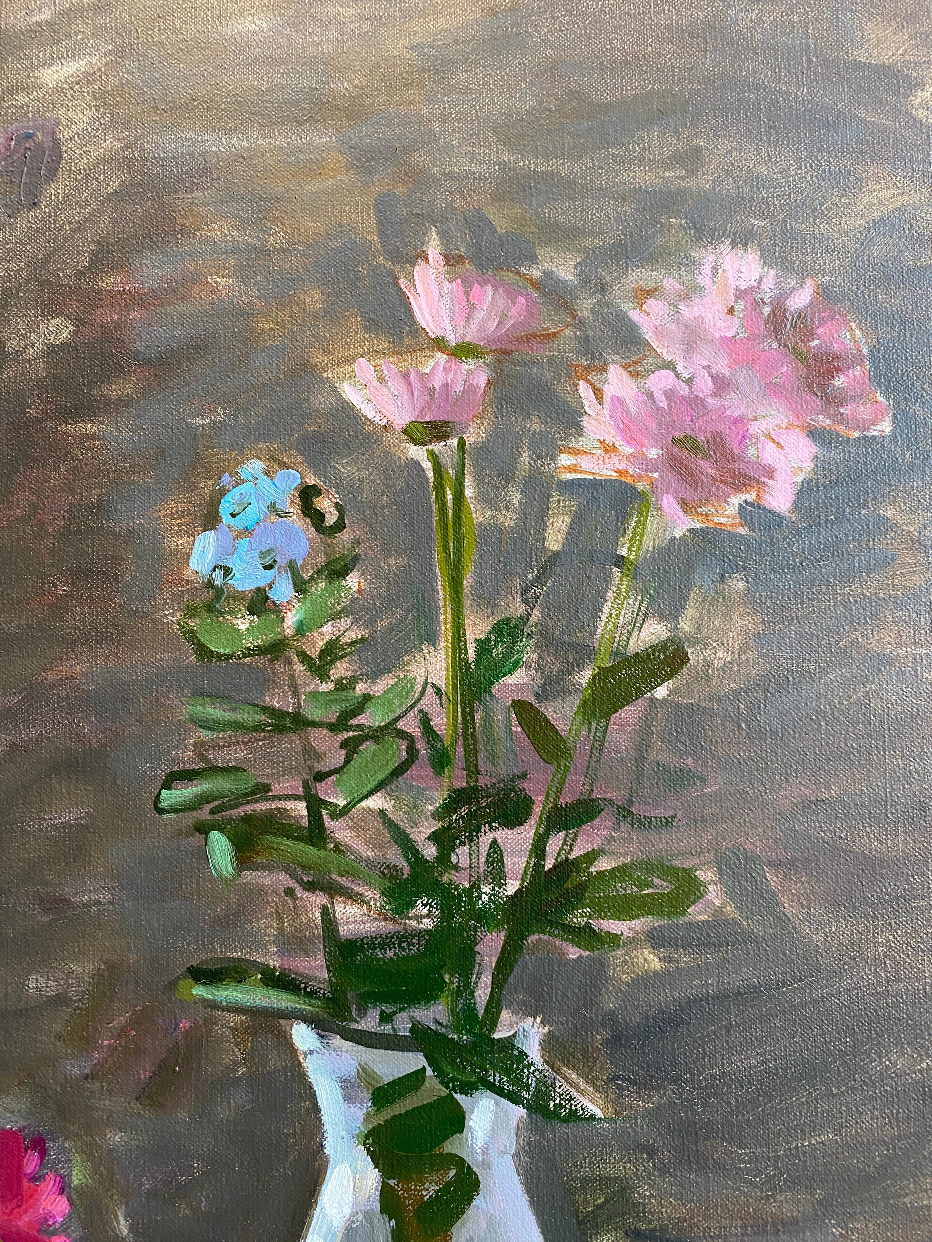 Florence skillfully creates a a dark interior flooded with the bright Tuscan light from the open window. The outside is brought in not only by the light but by the fresh cut flowers casually resting different sized glass jars.

Framed Dimensions: