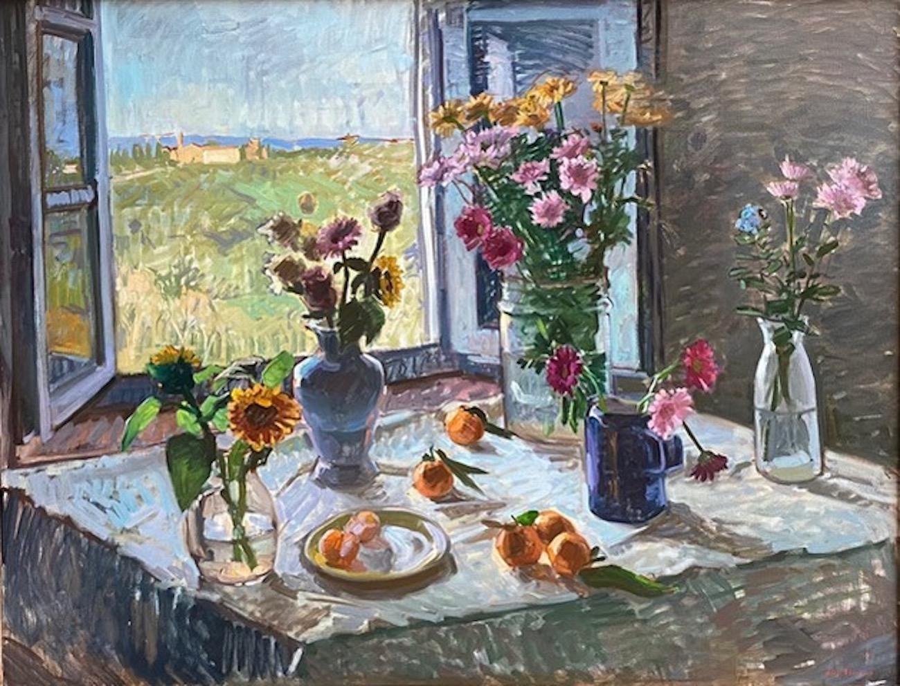 Amy Florence Still-Life Painting - "Looking Towards Bonazza" contemporary bright still life with Tuscan Landscape