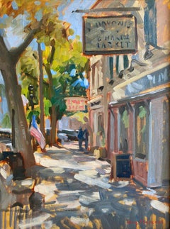 "Market and Liquor Store" oil painting of Sag Harbor Main Street signed & framed