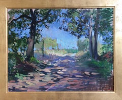 "Out of the Woods" 2018 Oil painting of dirt road under trees in Tuscany, Italy