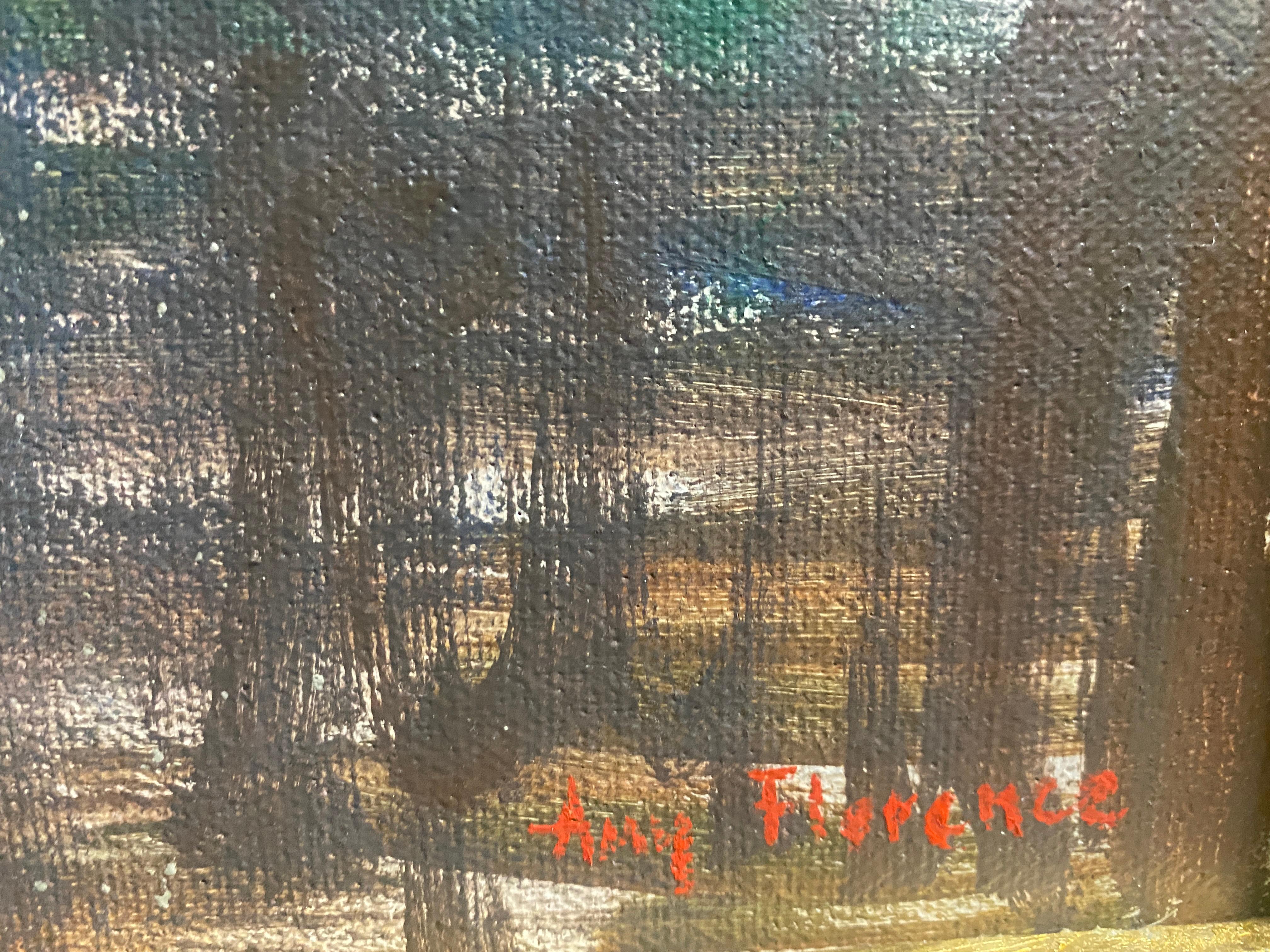 Une peinture à l'huile d'un chemin de terre, ombragé par une canopée d'arbres, peinte en plein air en Toscane, en Italie. Les coups de pinceau impressionnistes d'Amy Florence dépeignent la lumière pommelée avec une urgence et une intention