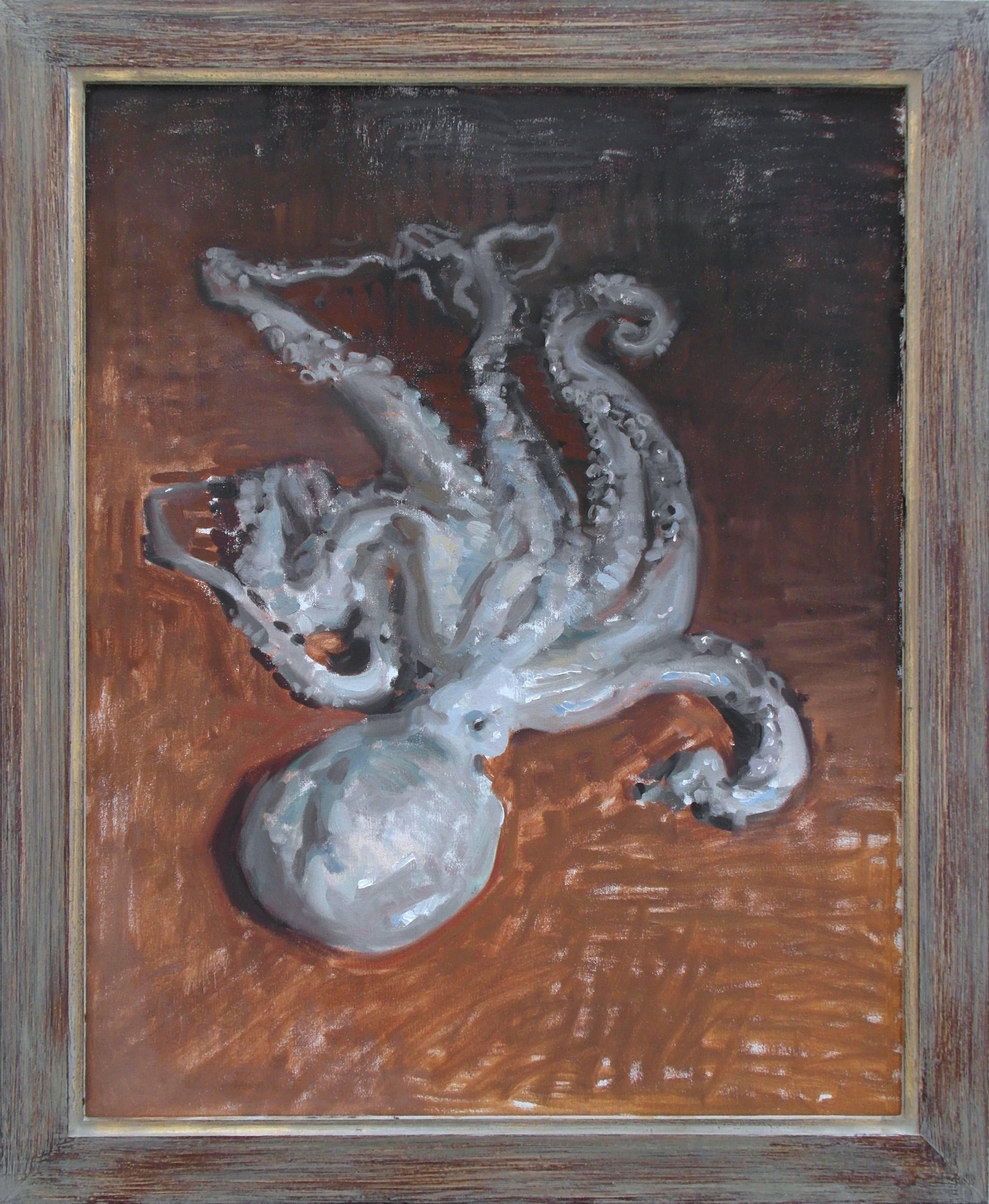 Polpo - Oil painting, octopus, english impressionist realist painter - Painting by Amy Florence