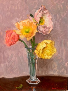 "Poppies" oil painting, still life, wildflowers in glass vase, signed and framed
