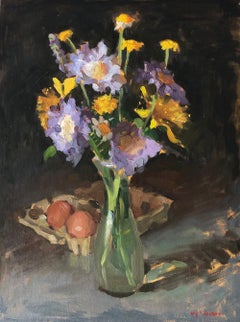 "Purple Flowers and Eggs"  oil painting, contemporary impressionism, still-life
