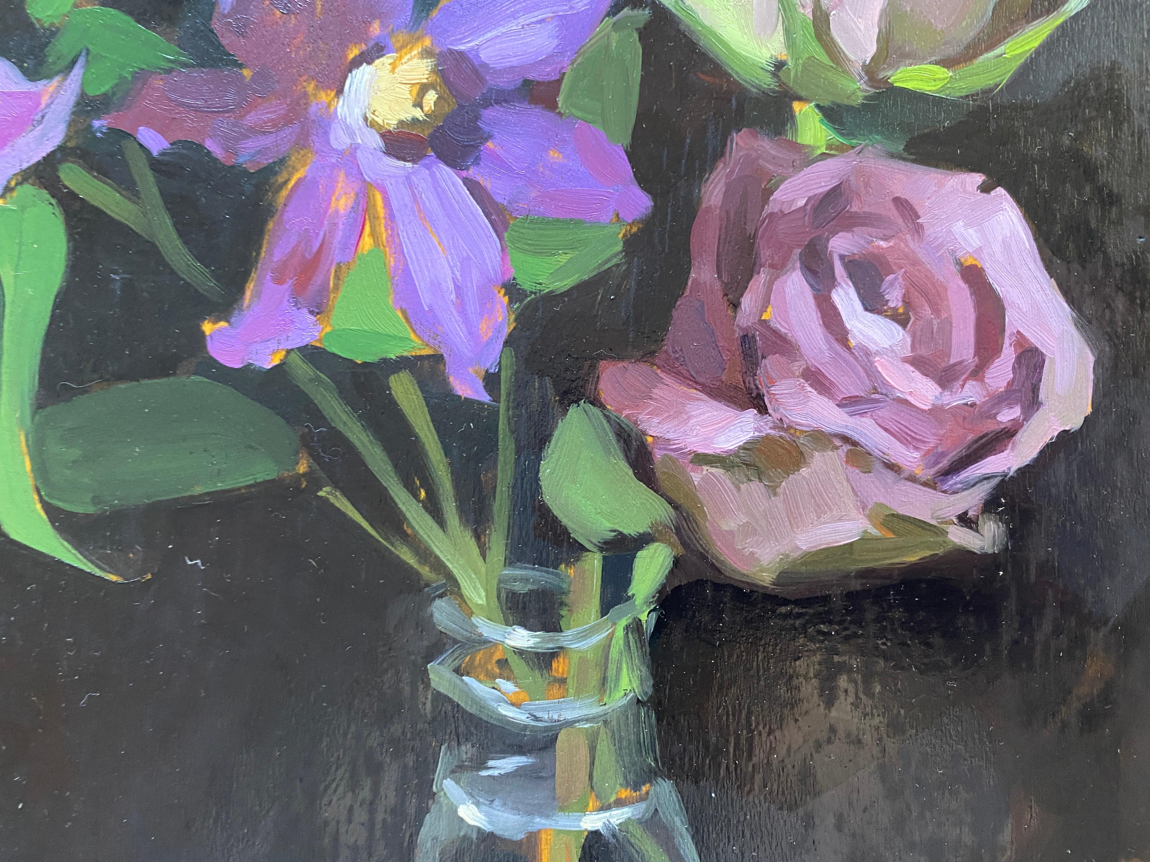 Purple Flowers  - Black Still-Life Painting by Amy Florence