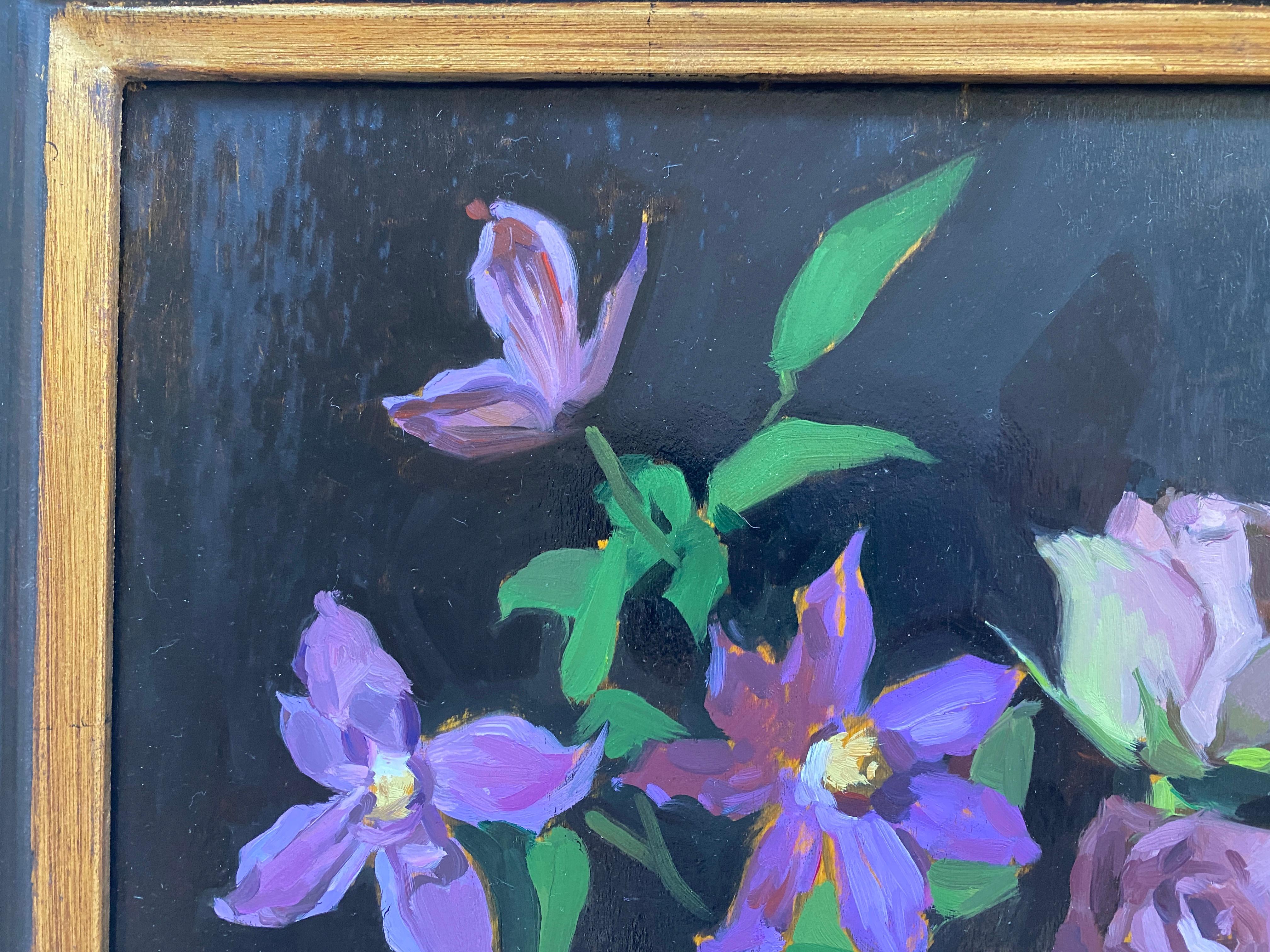 An incredibly elegant oil painting of a variety of purple flowers arranged in a glass vase. The hues are heightened against a black backdrop. A classic subject painted with a fresh touch by a contemporary artist.

Painting Dimensions: 15.75 in x