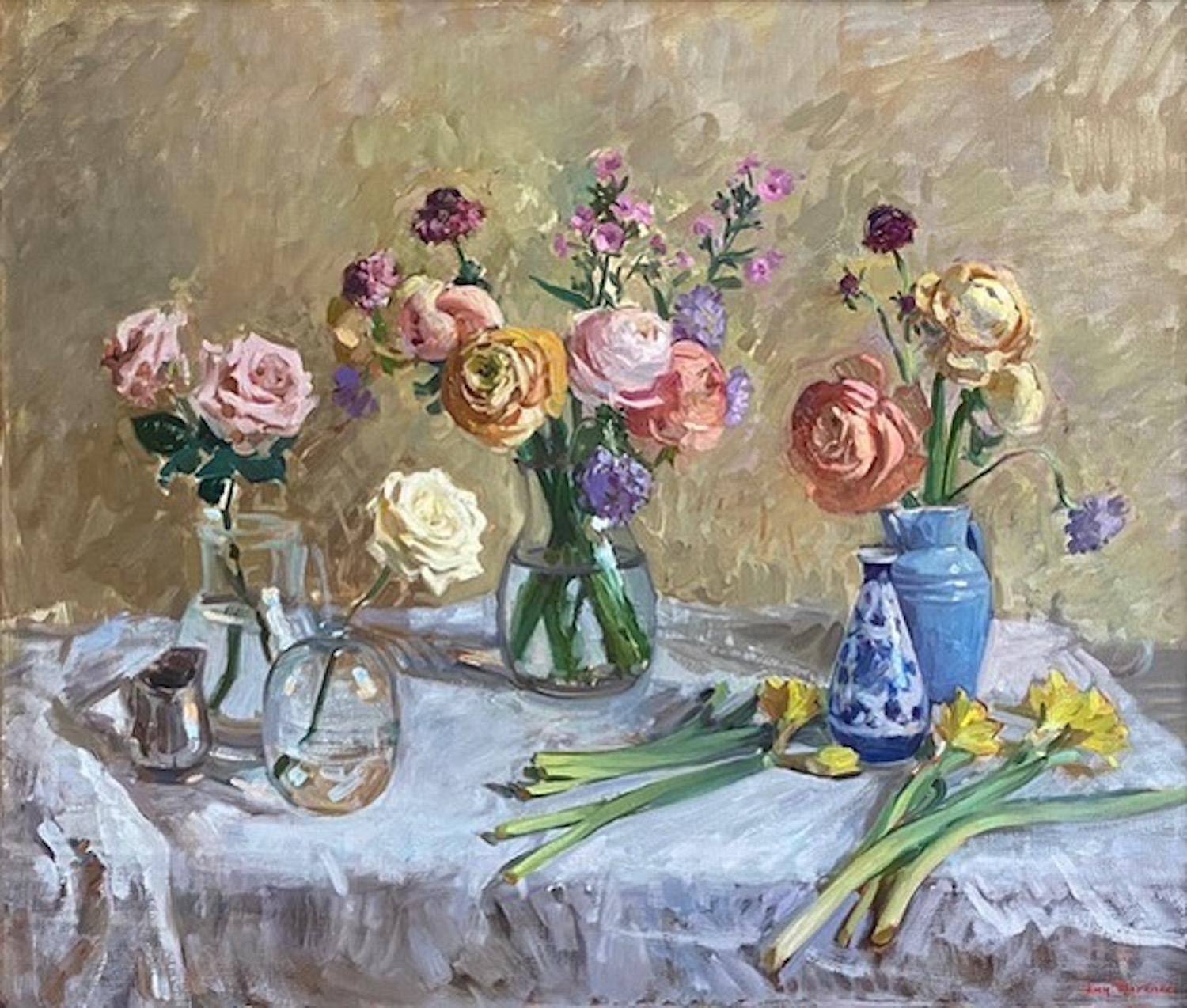 Amy Florence Interior Painting – "Ranunkeln und Rosen" helles zeitgenössisches impressionistisches Blumenstillleben