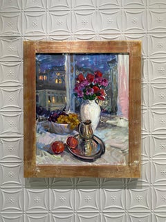 "Fiori rossi e uva" 2023 pittura ad olio contemporanea impressionista natura morta