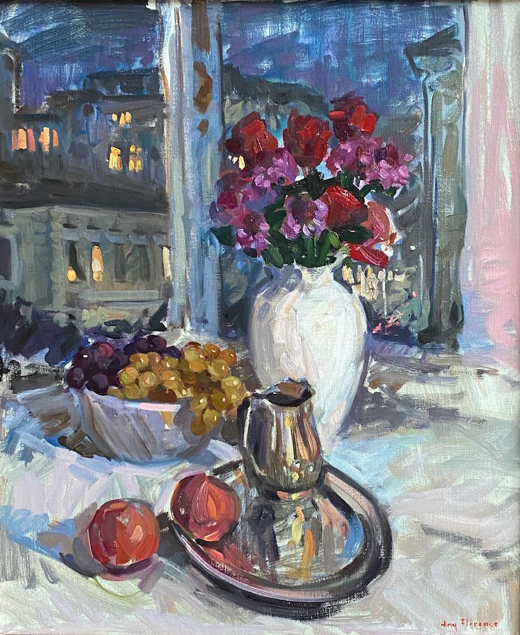 Amy Florence Still-Life Painting - "Red Flowers and Grapes" contemporary impressionist still life, Florence, Italy