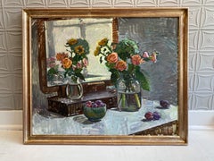 "Rose, ortensie e prugne" dipinto a olio, colorata natura morta impressionista